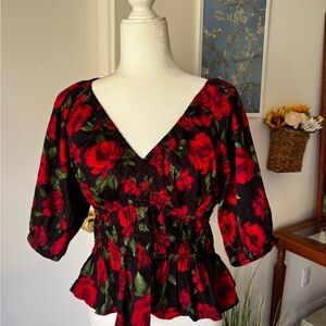 Old Navy Black and Red Floral Peasant Blouse
